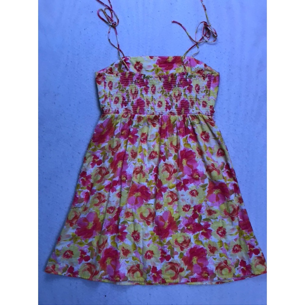 Old Navy Floral Mini Dress Womens Small Pink Yellow Linen Tie Shoulder Smocked - Picture 9 of 9